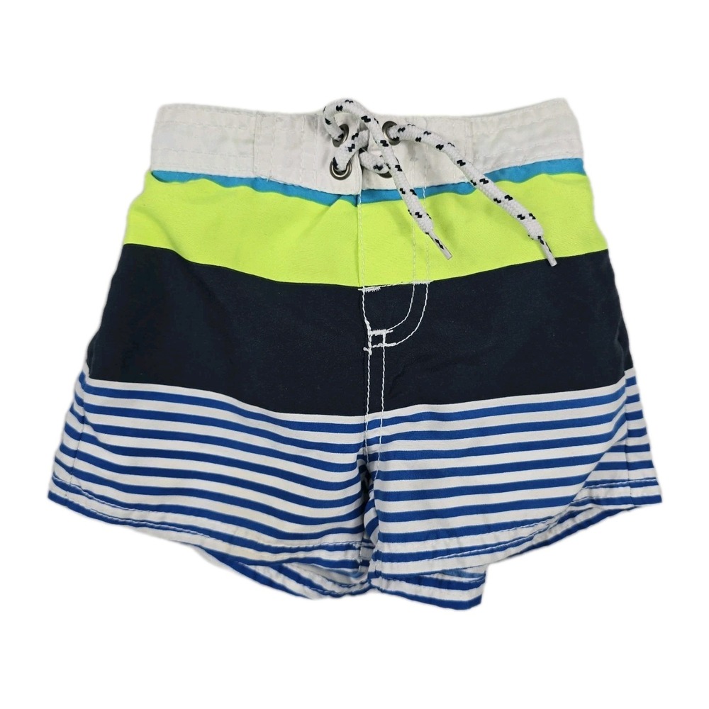 OshKosh Bgosh Baby Boy 12M Swim Trunks Blue Neon Yellow Striped Colorblock